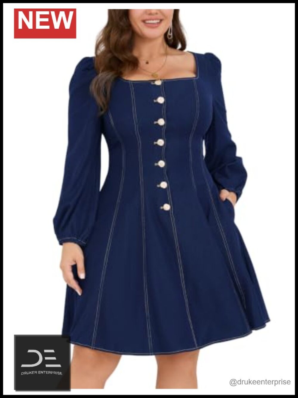 Plus Size Denim Dress Long Sleeve Button Front Lantern Sleeve with Pockets